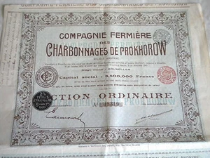 Vintage certificado de acciones bonos Charbonnages de Prokhorow carbón 1905 azul - Imagen 1 de 3