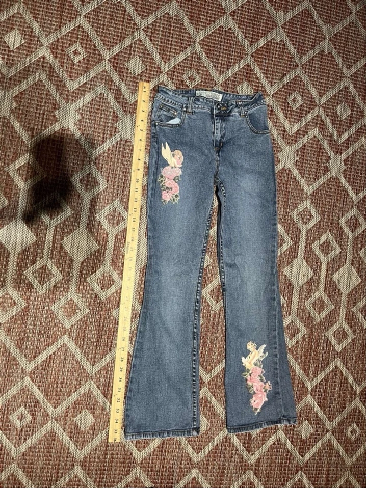 Vintage Y2K Kids Guess Angelic Floral Bejeweled Imagery Boot Cut Jeans Sz 12 - Image 1 of 4