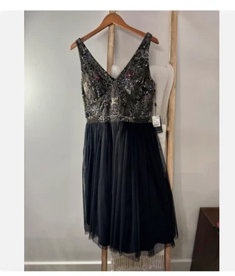 Adrianna Papell Sequined Black Cocktail Tulle Dress, NWT sz 12 MSRP $329 - Image 1 of 4