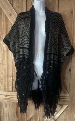 Cárdigan abierto ANGEL OF THE NORTH Anthropologie negro tostado tejido flecos OS Boho Foto 1 de 4