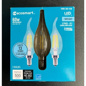 3pk EcoSmart B11 LED Candelabra Bulb 60w Dimmable Flame Tip Glass Daylight - Picture 1 of 6