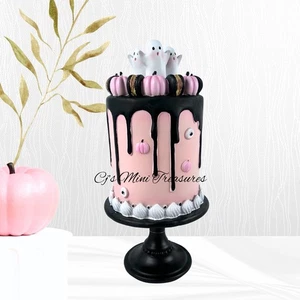 GHOULISH Pink Halloween Faux Cake W/ Macaroons Pumpkins & Ghosts Tabletop Decor - Picture 1 of 5