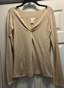 Women's White House Black Market Silk blend Sweater long sleeve beige tan v-neck - Picture 1 of 4