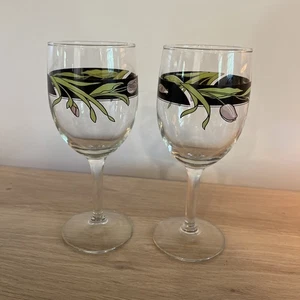 80s Vintage Floral Pink And Black Rose Wineglass Set Of 2 - Picture 1 of 5