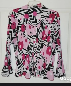 Milano Mod Daisy Plisse Button Up Long Sleeve Blouse Pink Black White Size XL - Picture 1 of 12