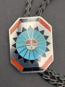 Zuni Fred and Lolita Natachu Sunface Bolo Tie Sterling Silver - Picture 1 of 6