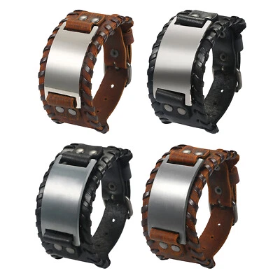 Men's Retro Punk Rock Wide Leather Bracelet Bangle Cuff Wristband Free Engraving - Image 1 of 3