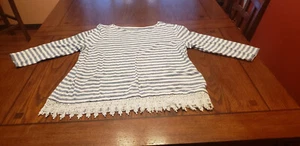 TALBOTS creme/blau gestreift Spitzenbesatz Popover T-Shirt Top Größe L 100 % Baumwolle - Bild 1 von 5