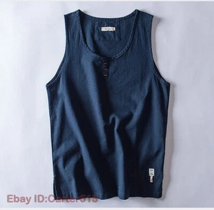 Hombres Verano Algodón Lino Chaleco Camisas sin mangas Holgado Bolsillo sin mangas Cuello en O Prenda para el torso - Imagen 1 de 25