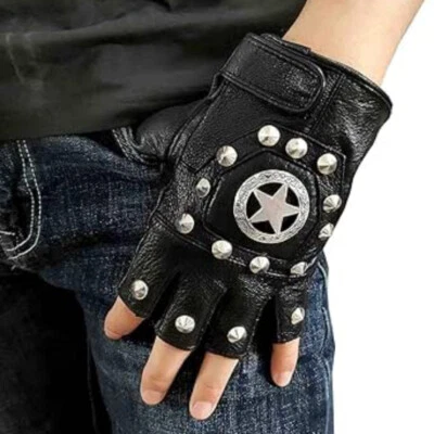 Star Studded Mens Biker Rocker Punk Fingerless Real Leather Gloves  - Image 1 of 3