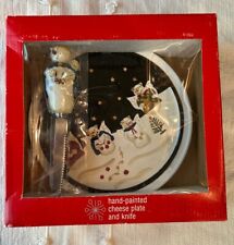 Cheese Plate and Knife Hand Painted 9 in Diameter Holiday Snowman Angel Design