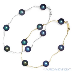 Pulsera con cuentas negra de agua dulce de 8 mm para damas en oro amarillo o blanco de 14 K - Imagen 1 de 3