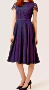 HOBBS Lace top Georgette Fit and Flare "Fenella " Navy Dress  UK10 - Picture 1 of 4