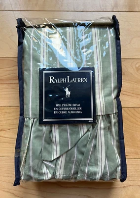 Euro Sham vintage Ralph Lauren Laurelton con volantes, verde salvia, rayas púrpuras, nuevo en paquete Foto 1 de 4