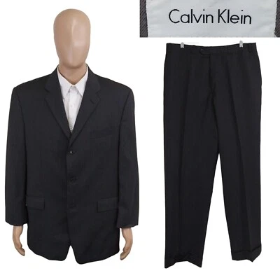 Calvin Klein Two Piece Three Button Gray Twill Blue Stripe Wool Suit 42R 35X32.5 - Image 1 of 4