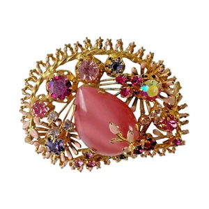 Vintage AUSTRIA Brooch Pink Flower Comet Ornate Crystal Rhinestone Cabochon - Picture 1 of 14