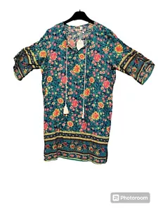 NWT Halife Women’s LARGE Bohemian Floral Printed Tassle Tunic Beach Cover Up - Picture 1 of 9
