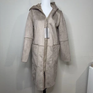 Zara Damen S Wende Long Mantel Jacke Sherpa Vegan Wildleder Kapuze Taupe Dick - Bild 1 von 14