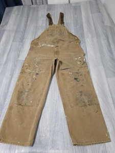 Vtg Carhartt R01 BRN Duck Double Knee Bib Overalls Mens 44 X 30 - M2302 - Picture 1 of 6