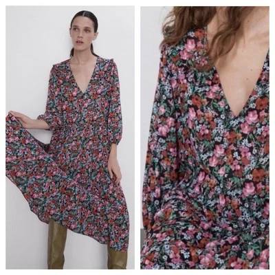 Maxi Vestido ZARA Cuello en V En Niveles Floral Amapola Multi Boho Chic Moody Floral Talla L Foto 1 de 4