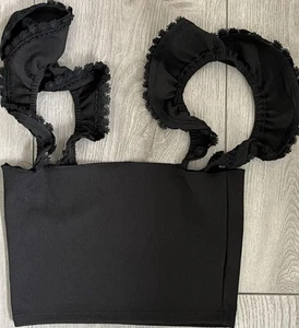 Top corto tejido acanalado SHEIN negro con volantes encaje ribete manga gorra elástico para mujer XS - Imagen 1 de 6