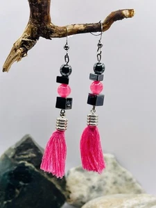Hematite Cube and Fuscia pink glass bead Stainless Steel Handmade Earrings - Picture 1 of 22