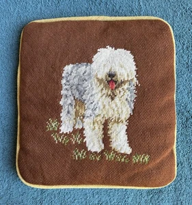 Vtg Needlepoint Pillow 12x12 Old English Sheepdog Brown Gold Corduroy Back/Trim - Picture 1 of 15