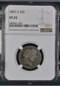 1897-S 25c Barber Quarter - Centered S Mintmark - NGC VF25 - Picture 1 of 3