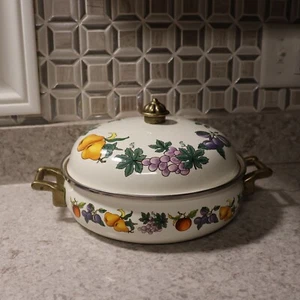 Essence Tabletops Unlimited Enamelware Casserole Pot Fruit Design 10" Thailand - Picture 1 of 13