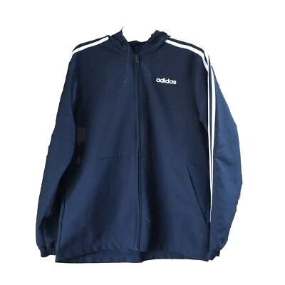 Jaqueta Adidas Essentials 3 listras tecido corta-vento pista azul marinho branca masculina pequena - Imagem 1 de 4