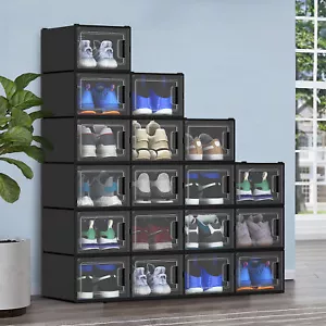 TAUS 18Pcs Shoe Storage Boxes Stackable Sneaker Organizer Container Black - Picture 1 of 5
