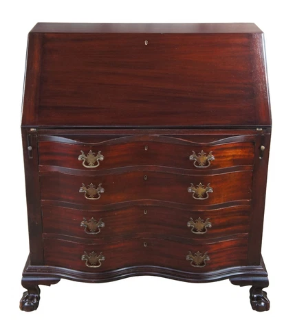 Antique Chippendale Serpentine Oxbow Mahogany Secretary Library Writing Desk 40" Cover