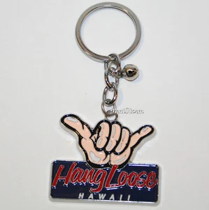 Hawaii Hang Loose Shaka Metal Charm Key Ring Chain Keychain Red White Blue NEW - Picture 1 of 2