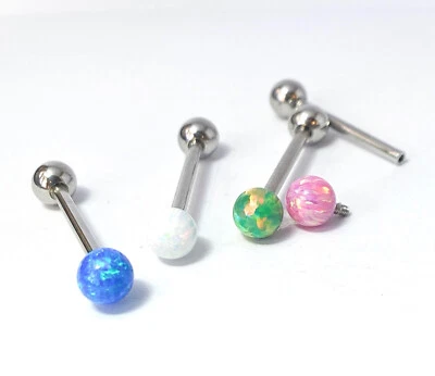 1pc Internally Threaded 5mm Opal Ball Tongue Ring Steel Barbell 5/8" 16mm 14g - Image 1 of 4