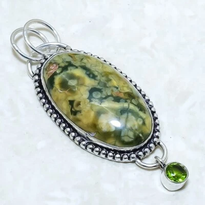 Regenwald Jaspis, Peridot Edelstein Ethnisch Silber Schmuck Anhänger 2.6 " - Bild 1 von 2