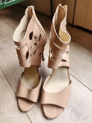 Nine West FABEYANA Natural Zip-Up Leather Sandal Peep Toe Heel - SIZE 8 - Image 1 of 4