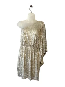 Boutique Hailey & Co Silver Sequin Dress One Shoulder Bell Sleeve A Line Large - Picture 1 of 10