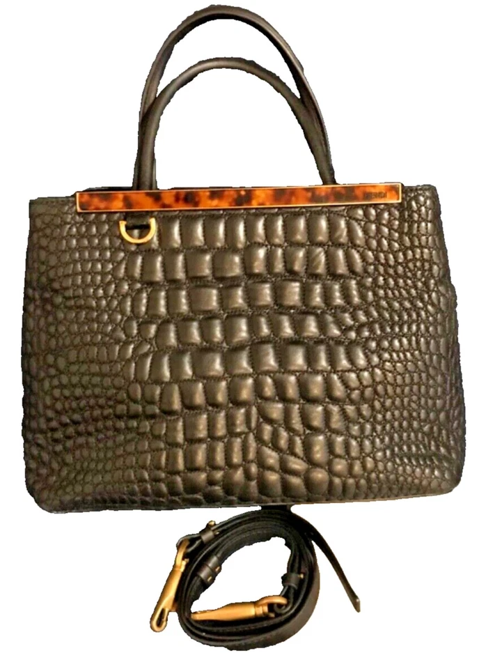 Fendi Black Croc Embossed Leather Medium 2Jours Tote - Image 1 of 4