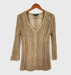 Vintage Lauren Ralph Lauren Damen Pullover Zopfmuster Handstrick Gr. M Gold Khaki Old Money - Bild 1 von 7