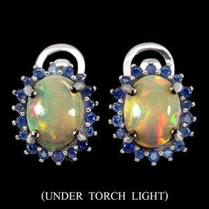 Orecchini in argento sterling 925 opale di fuoco ovale 9x7 mm zaffiro... - Foto 1 di 10