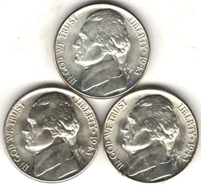 1943 P, D, AND S Jefferson WAR nickel SET (35 %SILVER) ~ BU ALL THREE  stk 1 - Image 1 of 4