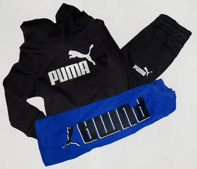 Conjunto de camiseta azul y sudadera con capucha y jogger negro/blanco Puma (3 piezas) para niños pequeños talla/2T Foto 1 de 4