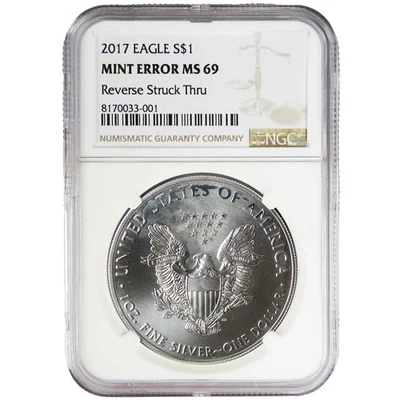 2017 $1 1-oz American Silver Eagle NGC MS69 Mint Error Obverse Strike Thru - Image 1 of 3