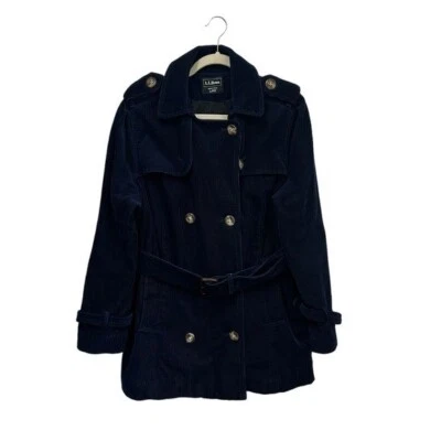 LL Bean Women's L Petite Corduroy Jacket Belted Double Breasted Navy Blue Cotton - Image 1 of 4