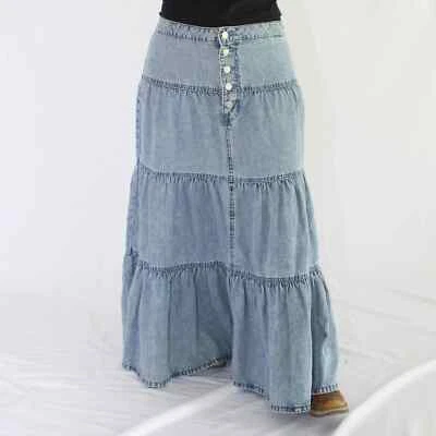 NWT M Jeans By Maurice Size 6 - 16 Long Modest Blue Jean Ruffle Maxi Denim Skirt - Image 1 of 4