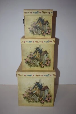 3 VINTAGE NESTING BOXES - BIRDS. THEIR NESTS & HOUSES THEME - WIRE HANDLES - Image 1 of 4