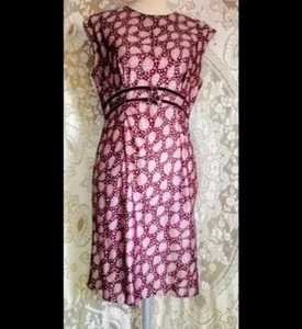 VTG 60s Nylon Jersey Wiggle Dress w/ Velvet Trim in Leaves & Dots Print  M - Picture 1 of 11