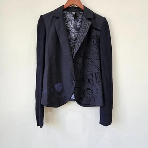 Desigual Womens Blazer Jacket Black Size 40 Embroidered We Love Velvet Burnout - Picture 1 of 11