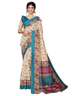 Sari de seda suave para mujer con pieza de blusa Bollywood diseñador indio beige y azul Foto 1 de 4