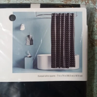 Hookless Shower Curtain Uses No Hooks Or Liner White Squares On Black  71" X 74" - Image 1 of 4